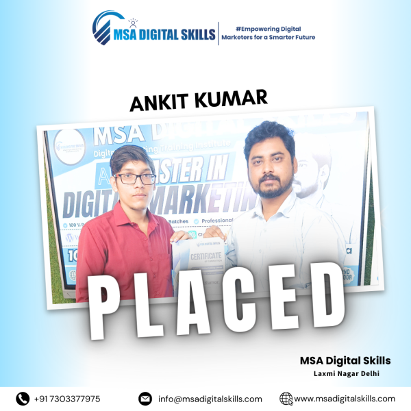 MSA Digital Skills guarantees 100% job placement, and Ankit Kumar is a prime example of this success. After completing his digital marketing course, Ankit secured a promising position in the industry. He credits the institute’s hands-on approach, expert trainers, and dedicated placement support for his career success.