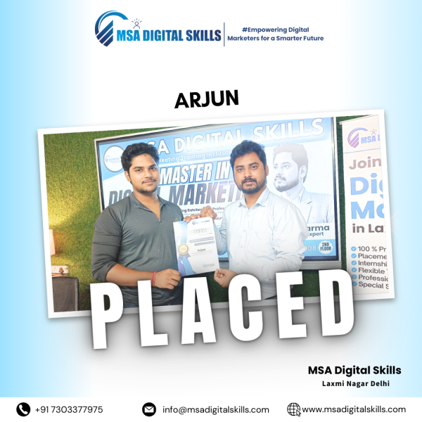 MSA Digital Skills ensures 100% job placement, with Arjun being a testament to this commitment. After completing his digital marketing course, Arjun successfully secured a job in the industry. He credits the institute's hands-on learning approach, expert instructors, and dedicated placement support for his career success.