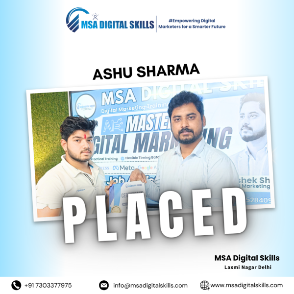 MSA Digital Skills offers 100% job placement, and Ashu Sharma is a great example of this success. After completing the digital marketing course, Ashu landed a promising job in the industry. He attributes his success to the practical training, knowledgeable instructors, and the dedicated placement support provided by the institute.