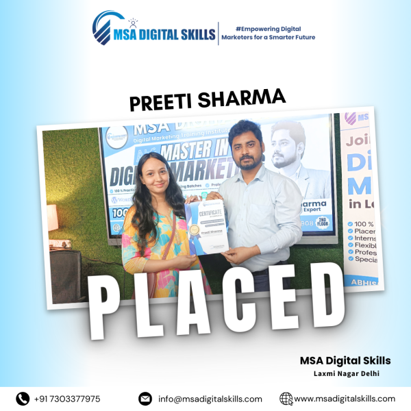 MSA Digital Skills ensures 100% job placement, and Preeti Sharma is a testament to this achievement. After completing her digital marketing course, Preeti secured a rewarding position in the industry. She attributes her success to the institute’s comprehensive training, expert faculty, and dedicated placement assistance.