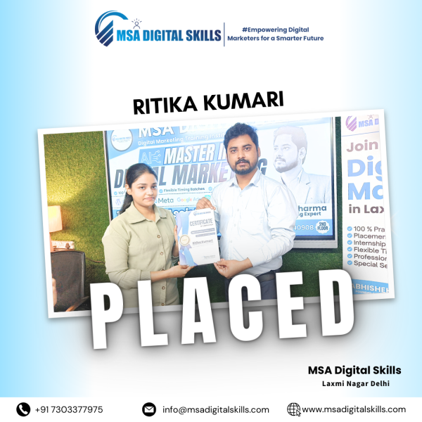 MSA Digital Skills guarantees 100% job placement, and Ritika Kumari is a shining example of this. After completing her digital marketing course, Ritika successfully landed a job in the industry. She credits the institute’s hands-on training, expert instructors, and strong placement support for her career growth.